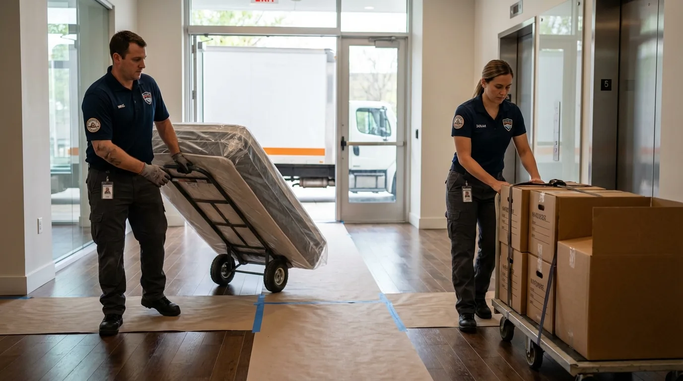 Professional apartment movers loading elevator in Butler, MO